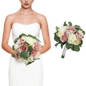 Wedding Bouquets for Bride, 11 Inch Bridesmaids Bouquets Artificial Flower Bouquets for Wedding Ceremony Bridal Shower Decorations - Dusty Pink & White