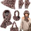 Gifts Sets for Women-5 Piece, Faux Fur Bucket Hat and Glove Set, Valentines Gifts for Her Wife Sister Girlfriends (Leopard Print Light)