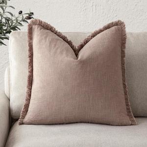 Foindtower Decorative Linen Fringe Throw Pillow Covers Cozy Boho Farmhouse Cushion Cover with Tassels Soft Accent Pillowcase for Chair Sofa Bed Living Room Home Decor, 2626 Inch,1PC,Dusty Pink