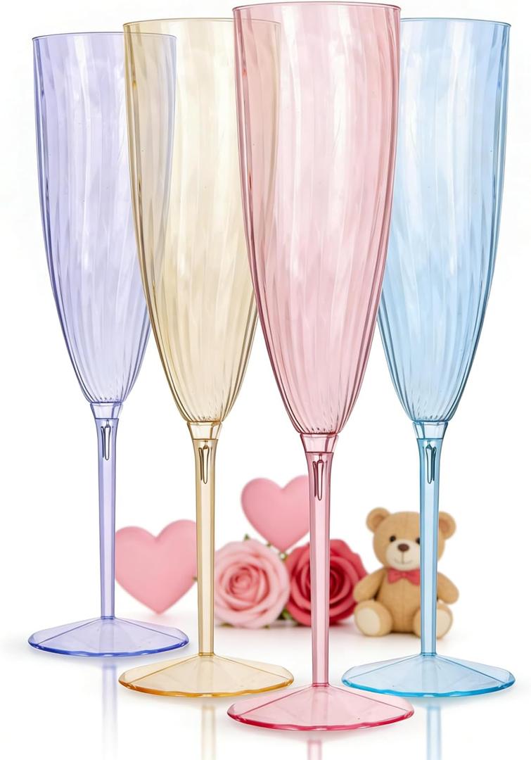 WDF 12PCS Colorful Plastic Champagne Flutes - 6 OZ Colorful Disposable Champagne Flutes - Perfect for Wedding Parties Birthday Valentines Day