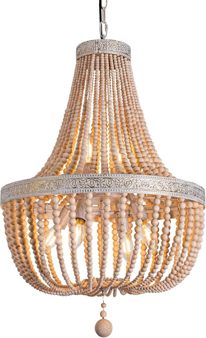 6-Lights Farmhouse Boho Wood Bead Chandelier,Modern Natural Wooden Beaded Pendant Light Fixture,E12 Adjustable Pendant Lighting for Dining Room Living Room Bedroom, Large