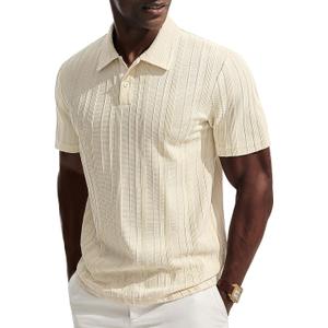 PJ PAUL JONES Mens Polo Shirts Short Sleeve Casual Dress Shirts Textured Knit Polo Collared Golf Shirts Fashion Tops (Beige, L)