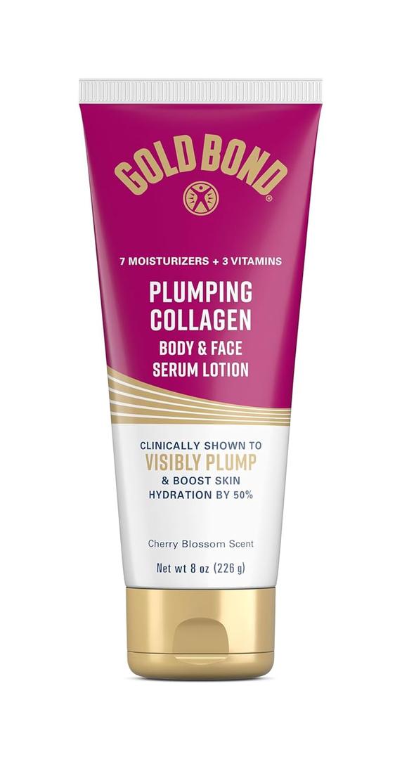 Gold Bond Plumping Collagen Body and Face Serum Lotion, Lightweight Hydrating Moisturizer with Collagen Peptide Complex, Jojoba and Grapeseed Oils to Visibly Plump Skin, Cherry Blossom Scent, 8 oz (8 Ounce (Pack of 1))