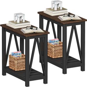 ChooChoo Farmhouse End Table, Rustic Vintage Narrow End Side Table with Storage Shelf for Small Spaces, Nightstand Sofa Table for Living Room, Bedroom Black 2 Pack
