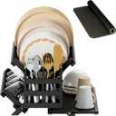 Greenual Black Bamboo Dish Drying Rack with Utensil Holder, 3 Tier Collapsible Dish Rack, Wooden Dish Racks for Kitchen Counter, Large Folding Drying Holder with Absorbent Dish Drying Mat