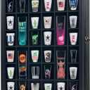 Shot Glass Display Cabinet Solid Wood - Large Display Case for Collectibles | Man Cave Accessories | UV Protection Acrylic Door | Wall Mounted Black Shadow Box | 52 Divided Slots | 32" x 17"