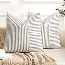 YCOLL Farmhouse Pillow Covers 18x18, Modern Accent Square Throw Pillow Covers Set of 2, Black and Beige Striped Patchwork Linen Decorative Pillows Cushion Covers for Couch Chair Bedroom Home Decor