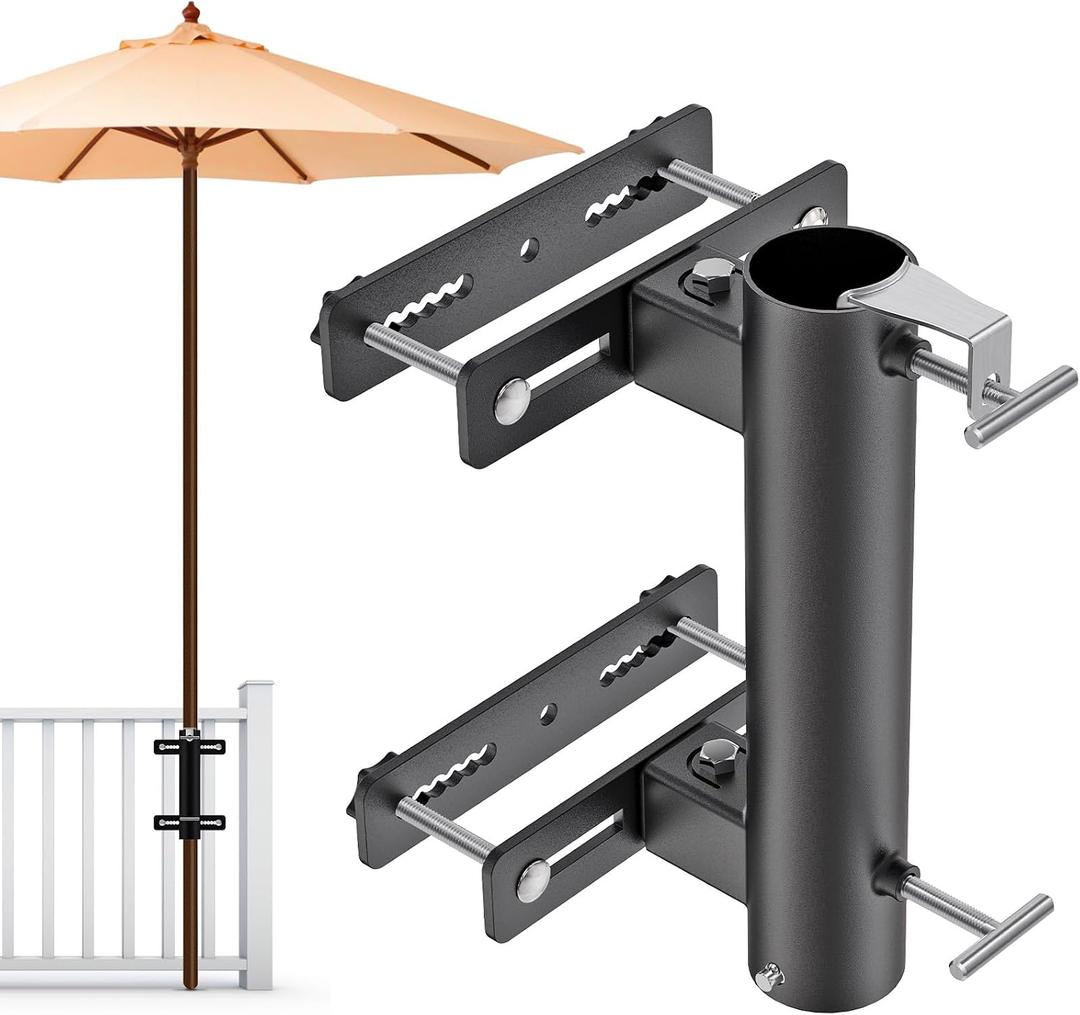 Deck Railing Umbrella Holder for 1-2" Patio Umbrella Poles | Heavy Duty Railing Mount, Adjustable Structure, Stable Installation to Maximize Usable Outdoor Space