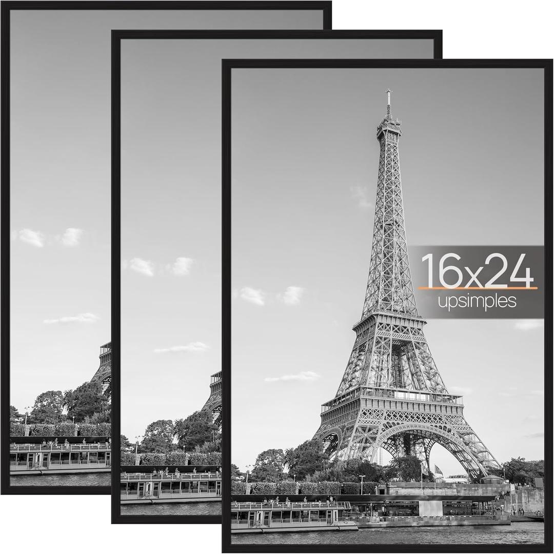 Upsimples 16x24 Picture Frame Black 3 Pack, Scratch-Proof Poster Frames 16 x 24 for Photo Gallery - Slide-In Strips, Horizontal or Vertical Wall Mounting