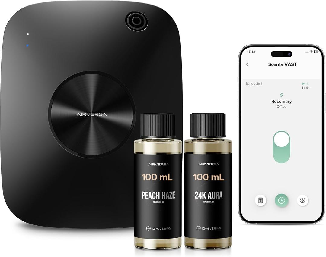 Airversa Waterless Essential Oil Diffuser Starter Kit with 2 x 100mL Fragrance Scent Oil, Up to 2000 sq ft Aromatherapy Smart Scent Air Machine for Large Room and Commercial Use, ANA Black Kit