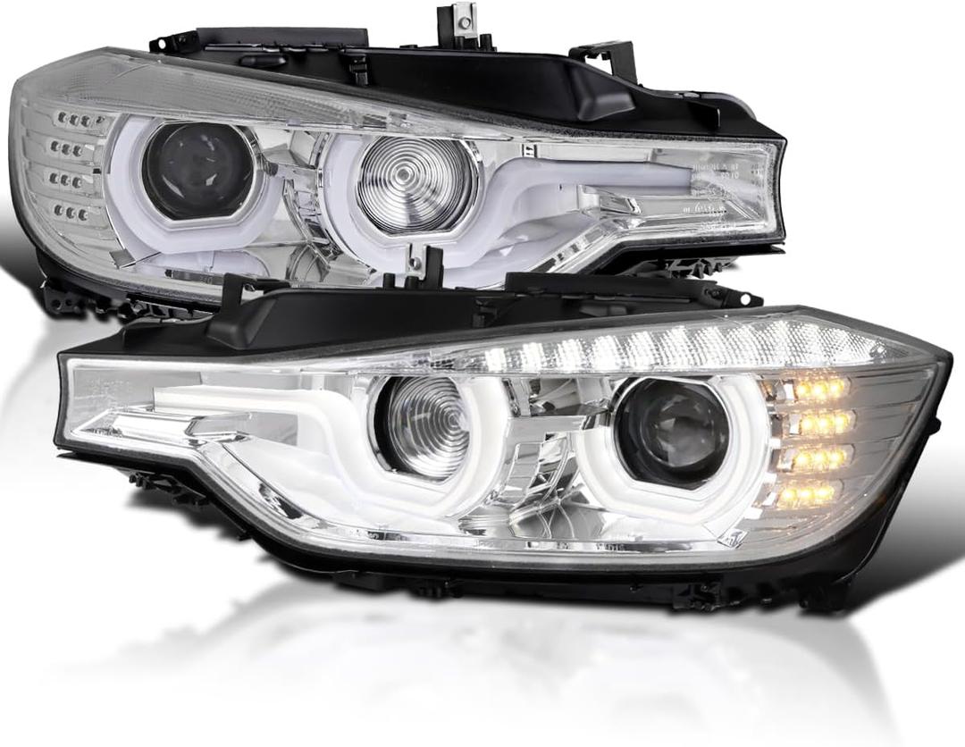 SPEC-D TUNING Chrome LED U-Halo Projector Headlights w/LED Strip Compatible with 2012-2015 BMW F30 3-Series Sedan HID Type, Left + Right Pair Headlamps Assembly