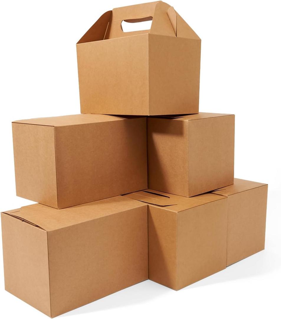 Happyhiram 10-Pack Large Gable Boxes Brown - 9x6x6 Inch Sturdy Kraft Paper Containers for Gifts, Box Lunches, Cookies, and Birthday Wedding, Welcome Boxes Easy to Assemble with Handles