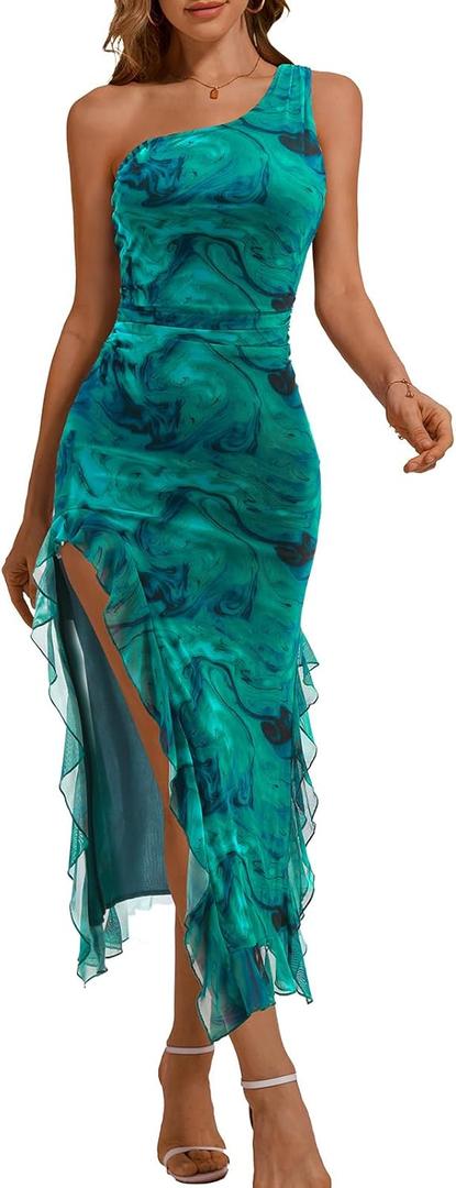 DRESSTELLS Women's Cocktail Party Formal Wedding Guest Mesh Ruched One Shoulder Bodycon Long Slit Evening Dress (Ink Floral, Small)