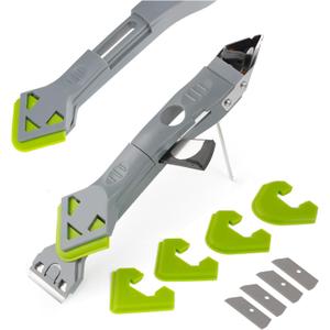 3 x Caulking Silicone Smother Remover Tool, 7-in-1 kit Scraper, Silicone Smoother, Rubber Shovel, 5 Pads, Sickle, 4 Blades. Stainless Steel Nozzle applicator, Tile Grout Removal Set I Green