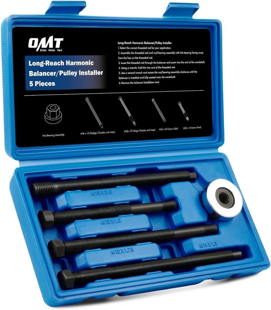 Orion Motor Tech Harmonic Balancer Installer Set, 5pc Long Reach Crank Pulley Underdrive Pulley Damper Installation Tool Kit with 4 Adapters & Nut Bearing (Blue)