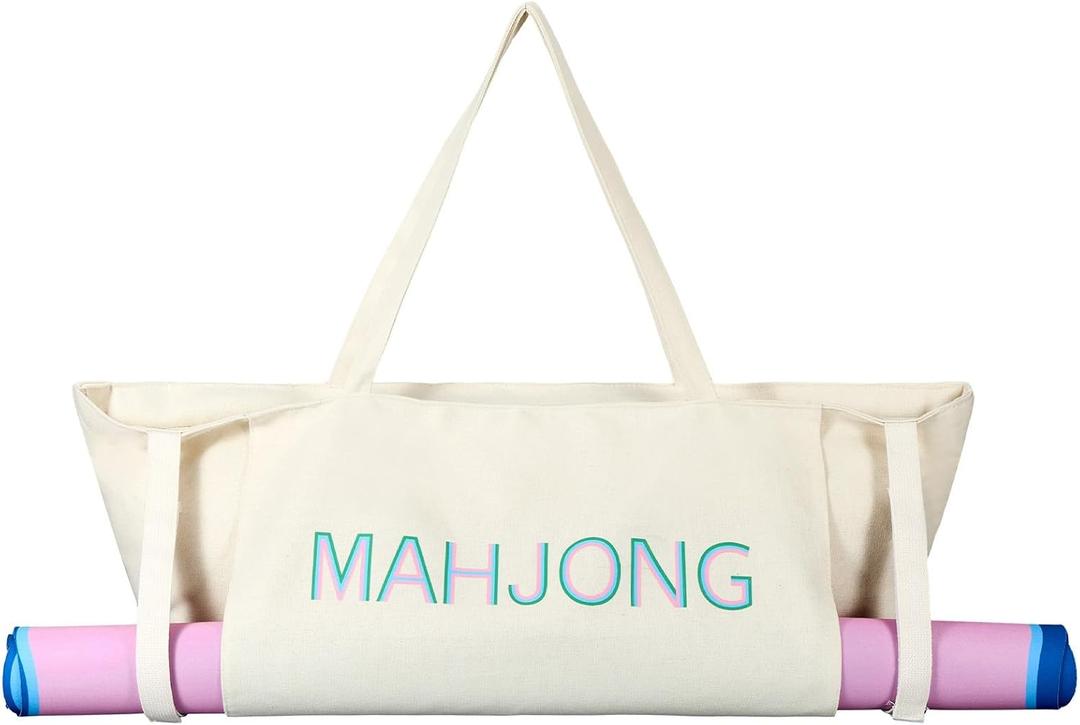 Abbylike 28x9 Inches Mahjong Bag for Rolled Mat Tiles Racks Pushers Accessories Empty Mahjong Canvas Tote Bag with Zipper Closure Outer Pockets Lining Large Capacity(White)