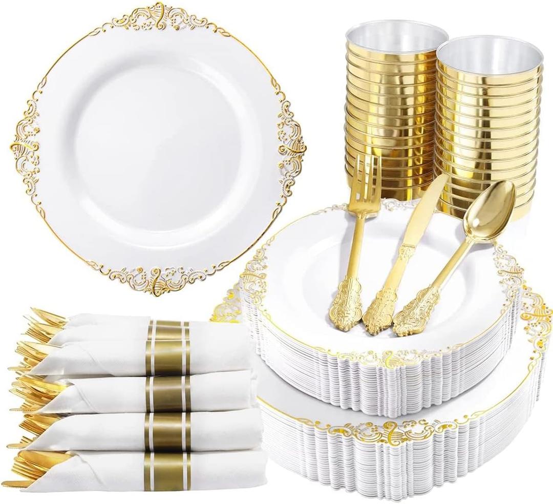 Nervure 350PCS Gold Plastic Plates - Gold Plastic Dinnerware Sets for 50 Guests - 100 Disposable Plates, 150 Silverware, 50 Cups, 50 Napkins for Wedding & Party