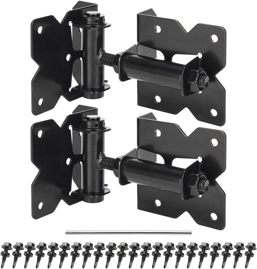 Self Closing Gate Hinges Heavy Duty for Vinyl/Wooden Fence Gates, 90 Degree Adjustable Gate Door Hinges Hardware Kit with Swing Adjuster Tool and Self-Tapping Screws, 2 Pack, Non-Weld Black Finish