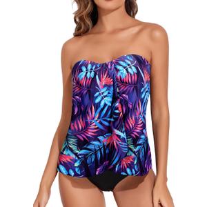 Tempt Me Two Piece Tankini Bathing Suits for Women Halter Bandeau Swim Top with Bottom Flyaway Tummy Control Swimsuit (Purple Leaf), M