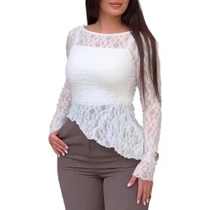 CHICME Womens Long Sleeve Mesh Top Round Neck Lace Floral See Through Blouses Casual Asymmetrical Shirt (Without Tank) (White)