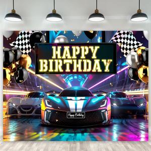 Riyidecor Racing Car Happy Birthday Backdrop Cartoon Black White Cool Plaid Flag Neon Bday 8Wx6H Feet Polyester Fabric for Men Boys Photography Background Bday Table Decor Banner Studio Photo Shoot