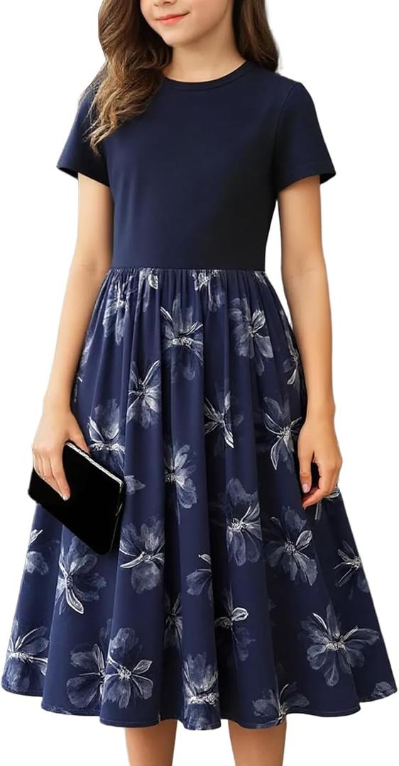 Seechoslo New 8-14Years Girls Elegant Dress Short Sleeve A-Line Floral Midi Party Special Occasion (US, Age, 12 Years, Dark Blue)