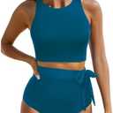 Aqua Eve Women High Waisted Bikini Set Racerback Swimsuit Two Piece Bathing Suit High Neck Swimwear Size L
