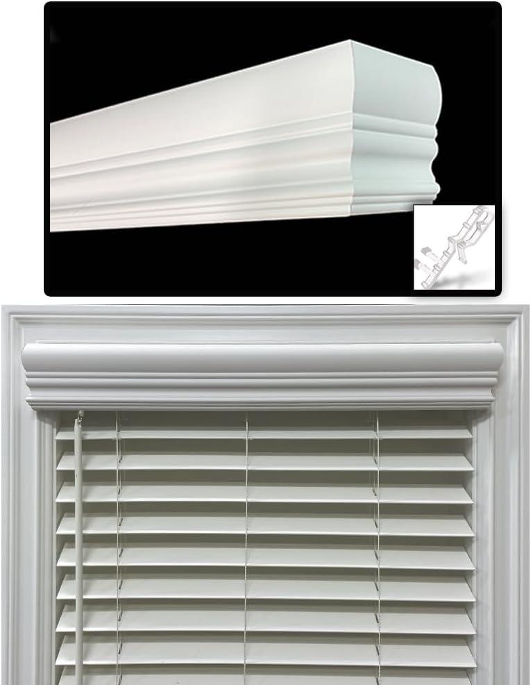 Faux Wood Blinds Valance for Horizontal and Venetian Blinds (Hidden Valance Clips Included). Inside or Outside Mount - Custom Made to Your Size (Color: White) - Royal Crown Cornice 45"