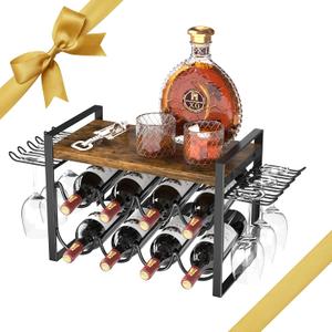 Wine Rack with Glass Holder, Countertop Wine Rack Metal Frame, Wine Holder Stand with Wooden Tray, Bottles Rack for Home Decor Kitchen Storage (Hold 8 Bottles and 4~6 Glasses) (Engineered Wood-gift Package)