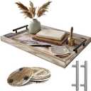 Wood Serving Tray with Metal Handles, 17x13in Large Wooden Tray for Ottoman, Coffee Table, Breakfast, Dinner & Bar, Decorative Tray for Living Room, Bedroom, Bathroom and Kitchen, Brown