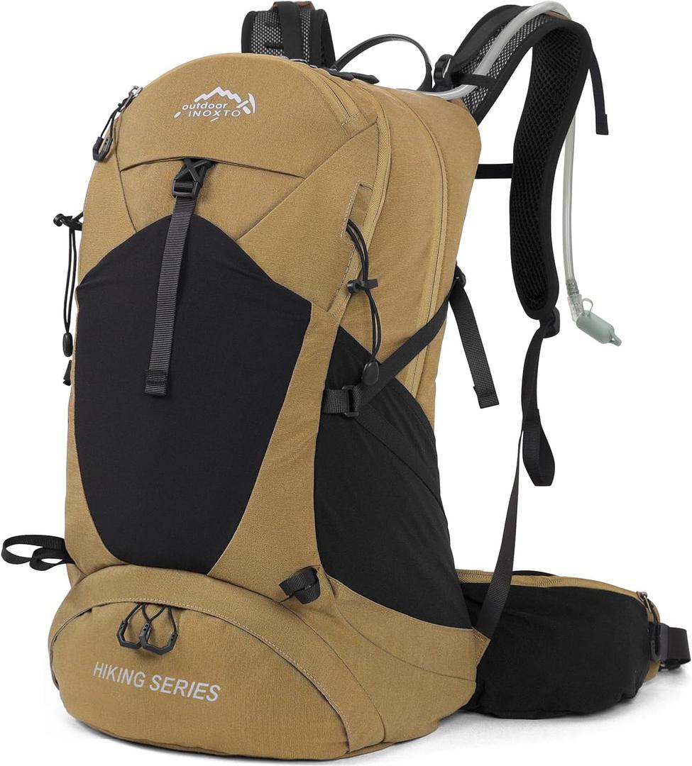 IX INOXTO Hiking Backpack, 26L Waterproof Hiking Daypack with 3L Water Bladder and Rain Cover, Lightweight Travel Camping Backpack for Men Women (Khaki)