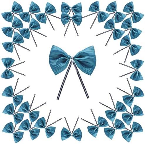 Pack of 2 WEWILUCK Premade Twist Tie Bows, Small Teal Satin Ribbon Bow for Treat Bags, Crafts, Candy, Bakery, Baby Shower Wedding Christmas Birthday Party Decorations(3 Inches, 30PCS)