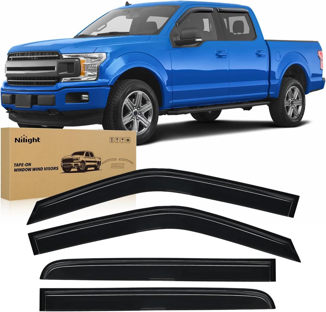 Nilight Tape-On Rain Guards for Ford F-150 SuperCrew Cab 20152020 (Black Window Trim Only, Not for Chrome Trim/Lariat/Limited), Window Visors Vent Wind Deflectors-4PCS