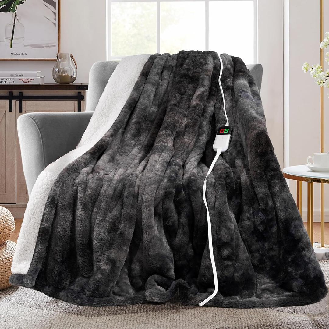 MAXEVE Electric Heated Throw Faux Rabbit Fur Blanket with 8 Heating Levels & 8 Hours Auto Off, Fast Heating Warm Cozy Sherpa Washable Blanket with OverHeat Protection, ETL Certification, Grey