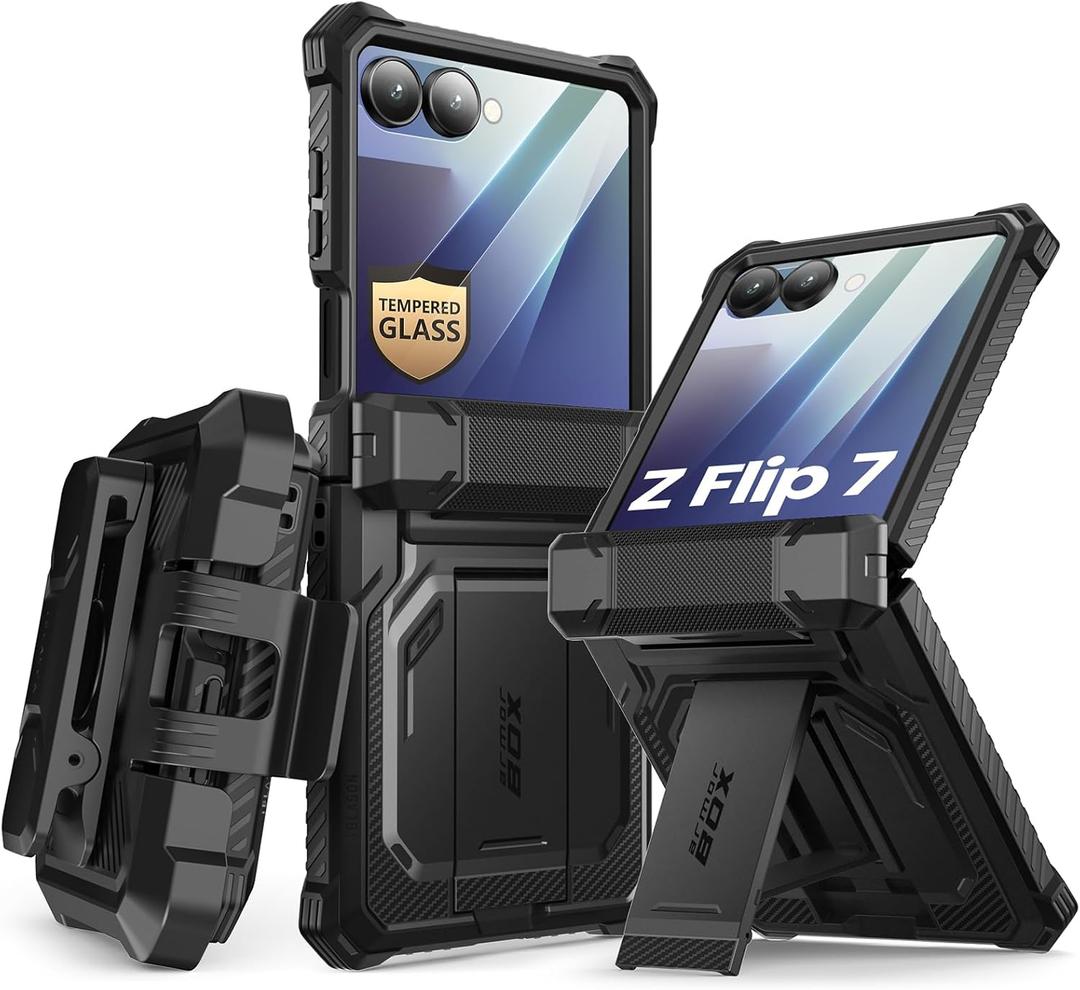 i-Blason for Samsung Galaxy Z Flip 7 Case with Stand, [Tempered Glass Screen Protector] [Hinge Protection] [Belt-Clip], Full-Body Military Protection Phone Case for Samsung Z Flip 7, Armorbox, Black