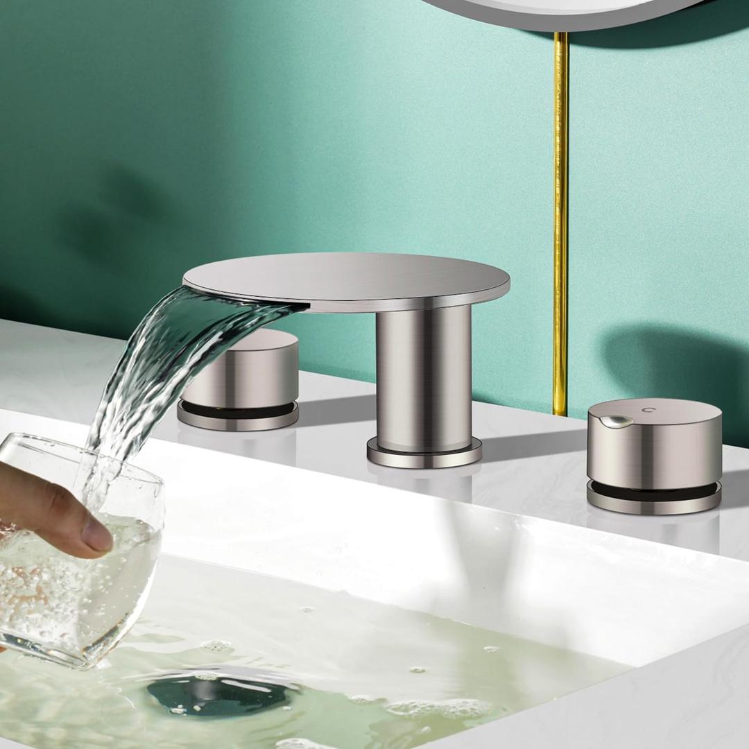 AUU Moon Bathroom Sink Faucet 3 Holes,Waterfall Bathroom Vanity Sink Faucets Solid Brass,2 Handles Widespread 8 Inch Basin Faucets (Brushed Nickel)
