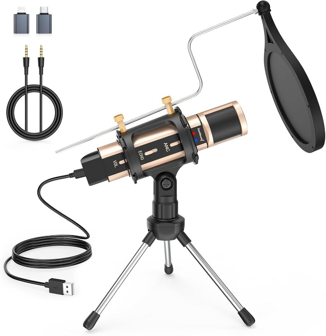 ZealSound Microphone,USB&3.5mm Mic W/Type-C Adapter for i-Phone Computer Phone,Condenser Microphone with Echo Volume,Tripod Stand,Pop Filter,for ASMR Video Recording Streaming Discord Twitch (Gold)