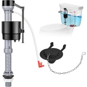 Universal Toilet Repair Kit for Inside Tank Includes Adjustable Fill Valve & 2-Inch Flapper, Quiet & Easy Installation (Black, 1-Pack)