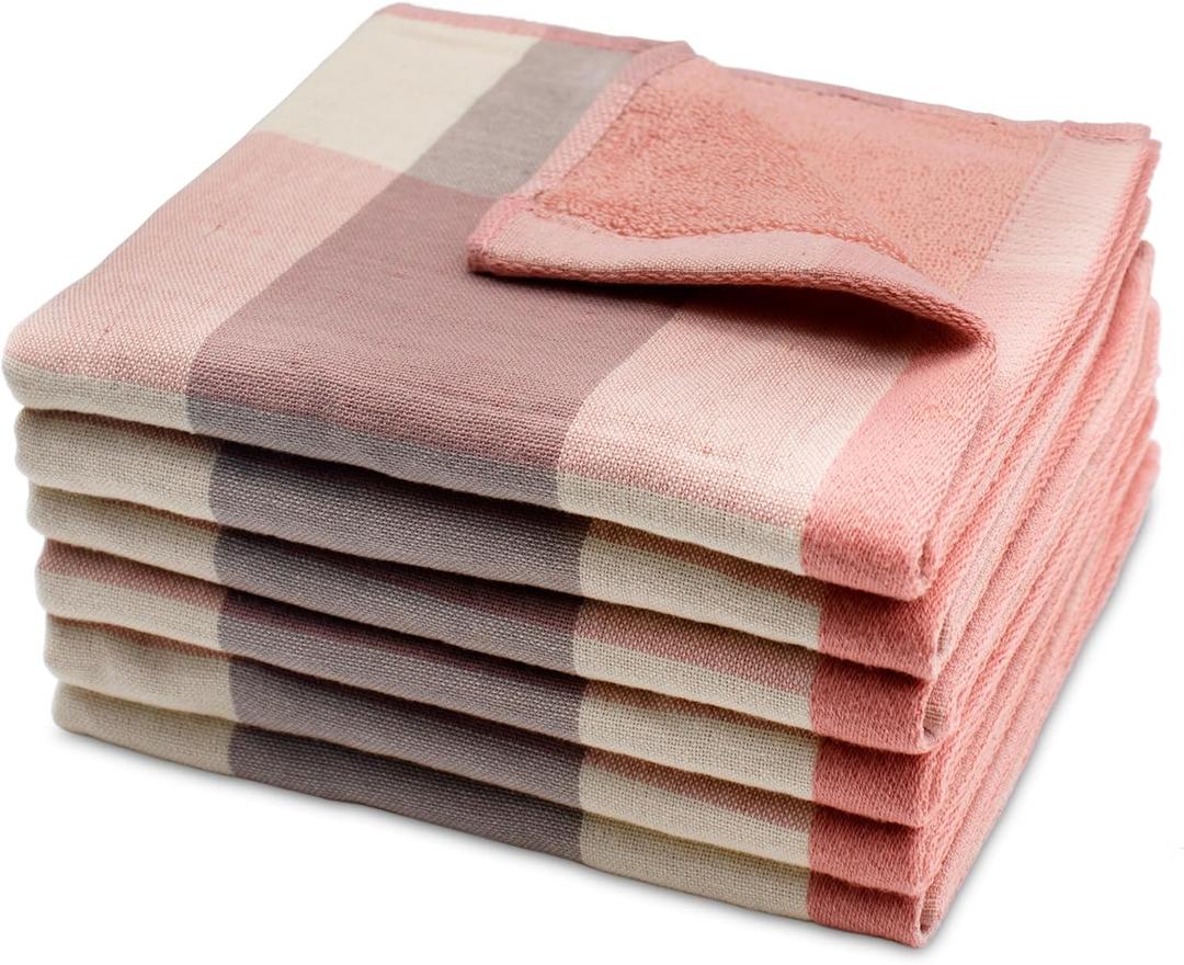kimteny 6 Pack 100% Cotton Washcloths, Dual-Sided Design (Terry + Gauze) Facecloths, 13x13 Inch Ginghqm Washrags, Soft & Skin-Friendly, for Bathroom, Kitchen & Household (Pink, 13x13 Inches)