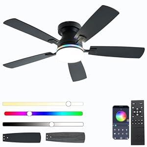 Ceiling Fans with Lights, 48 inch Low Profile Ceiling Fan with Light and Remote Control, Flush Mount RGB Dimmable Light, Noiseless, Brown Ceiling Fan for Bedroom Indoor/Outdoor Use