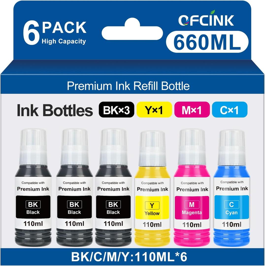 Replacement for Epson 502 522 High Capacity (6 Bottles) Ink Refill Bottles Replacement for Epson 502 522 Ink Use for EcoTank ET-3760 ET2760 ET2750 ET-4760 ET-2850 ET-15000 ST-4000 ST-2000
