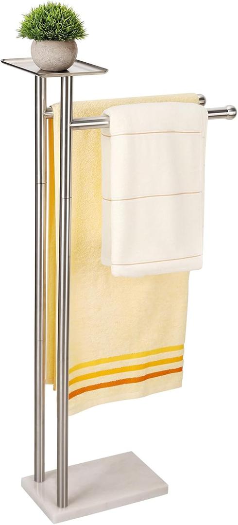 Songtec Towel Rack Stand for Bathroom, 2-Tier Towel Holder Stand for Bath Towels Max to 68, Practical Shelf on Top