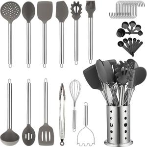 Kitchen Utensils Set, Kyraton 38 Pieces Non-Stick Silicone Cooking Utensils Set, Spoon Spatula Set with Sturdy Stainless Steel Utensil Holder, Dishwasher Safe, Medium, Small
