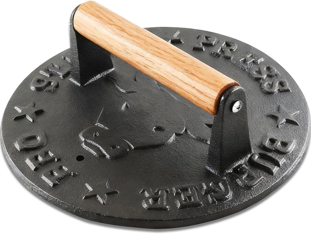 Cast Iron Smash Burger Press - 4.1 lb Heavy Duty Bacon Press & Grill Weight for Smashburgers, Flat Iron Steak & Cooking on Skillet, Burger Smasher Tool, 8.7 Inch Round with Beechwood Handle