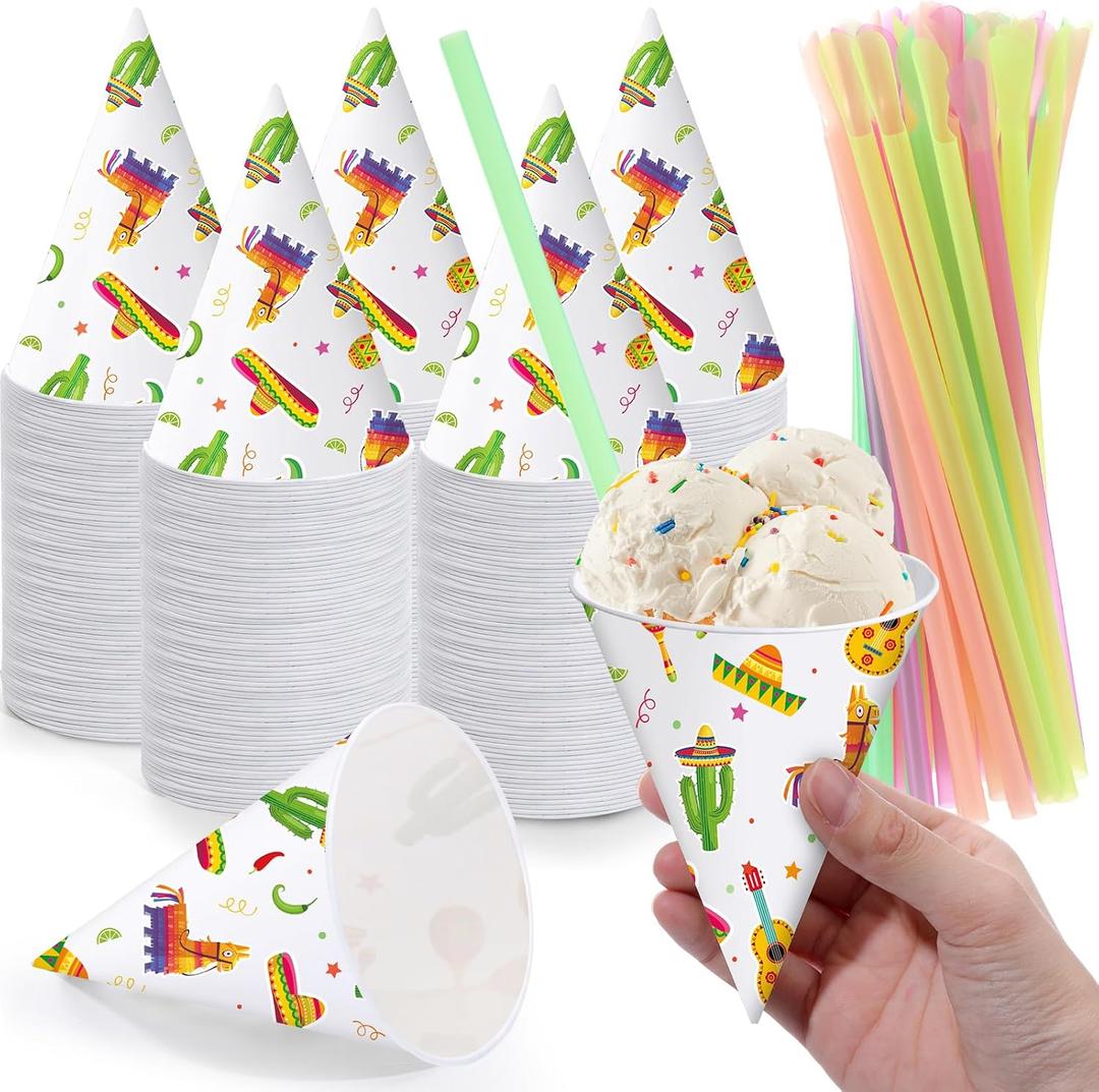 Willinglong 50 Set Mexican Snow Cone Cup and Straw 6oz Fiesta Ice Cream Cup Cinco De Mayo Party Decor Mexico Taco Birthday Party Supplies for Slush Shaved IceCream Water Cooler Disposable Paper Funnel