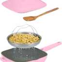 11" Square Ceramic Nonstick Frying Pan with Lid & Steamer Basket – Deep Saute Pan Skillet, PFAS-Free Non Toxic Cast Aluminum, Induction Compatible, Dishwasher Safe, Pink