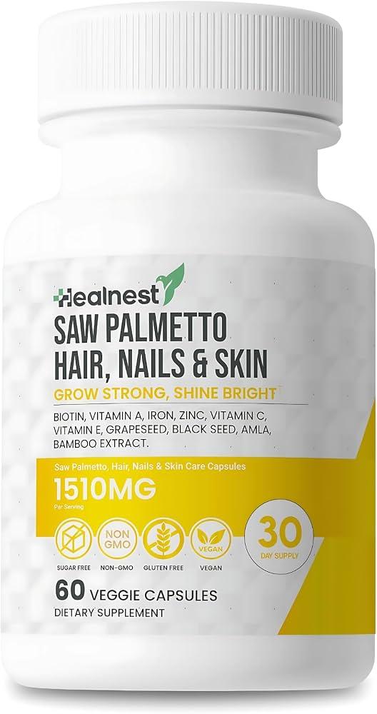 HEALNEST Hair, Nails & Skin Care Supplement with Saw Palmetto, Biotin, Amla - 60 Non-GMO, Gluten Free, Veggie Capsules for Men and Women BBD:08-2026