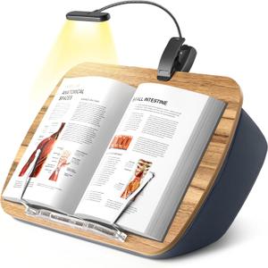 Beanbag Pillow Stand With 6500K Reading Light, Hands Free Holder, Comfortable Lap Stand for Reading in Bed, Desk, or Sofa, Wooden Rest for Book Lovers, AAA Battery Required