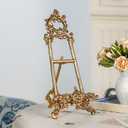 Vintage Cookbook Stand, Small Ornate Easel Fleur De Lis Stand, 12.2" Tall Table Top Display Holder for Recipe Book, Picture Frame, Plate, Antique Gold