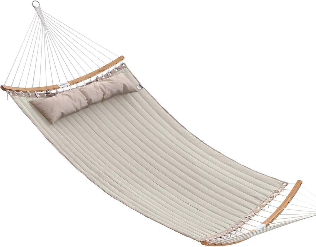 SONGMICS Hammock, Quilted Hammock with Curved Bamboo Spreaders, Pillow, 78.7 x 55.1 Inches, Portable Padded Hammock Holds up to 495 lb, Cream and Beige UGDC34BE (Cream + Beige)